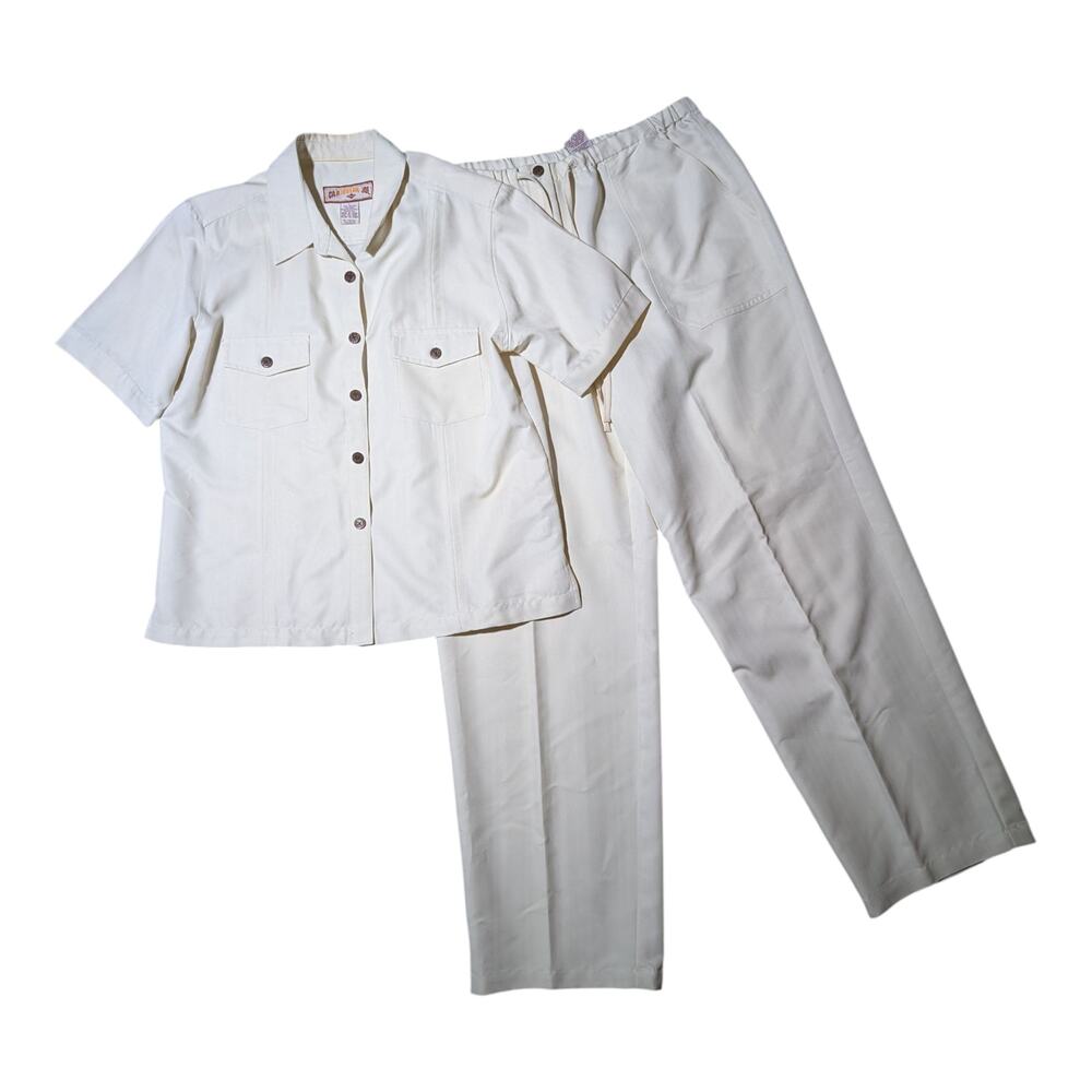 Vtg 1990s Caribbean Joe Ivory 2 Piece Short Sleeve Top Drawstring Pants Set L